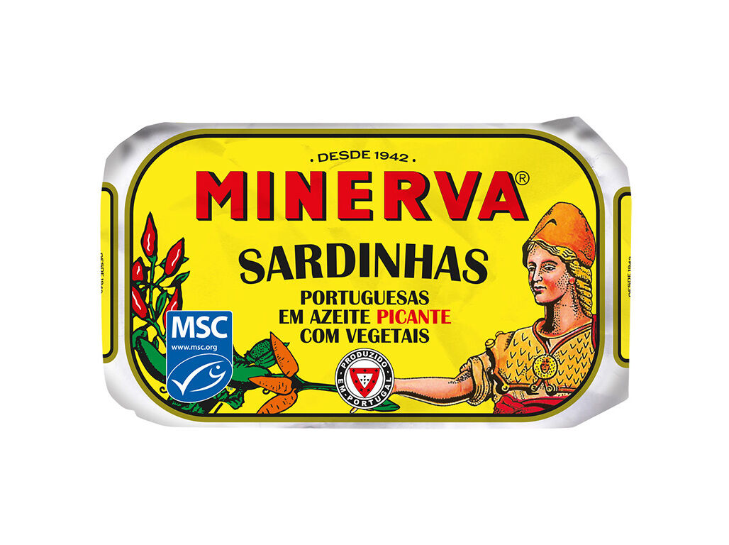 SARDINHA AZEITE PICANTE MINERVA C/ PICKLES 120(85)G image number 0