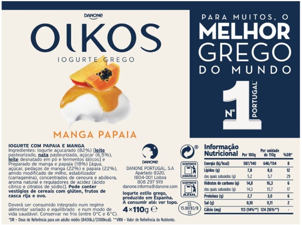 IOGURTE OIKOS DANONE GREGO MANGA E PAPAIA 4X110G image number 1