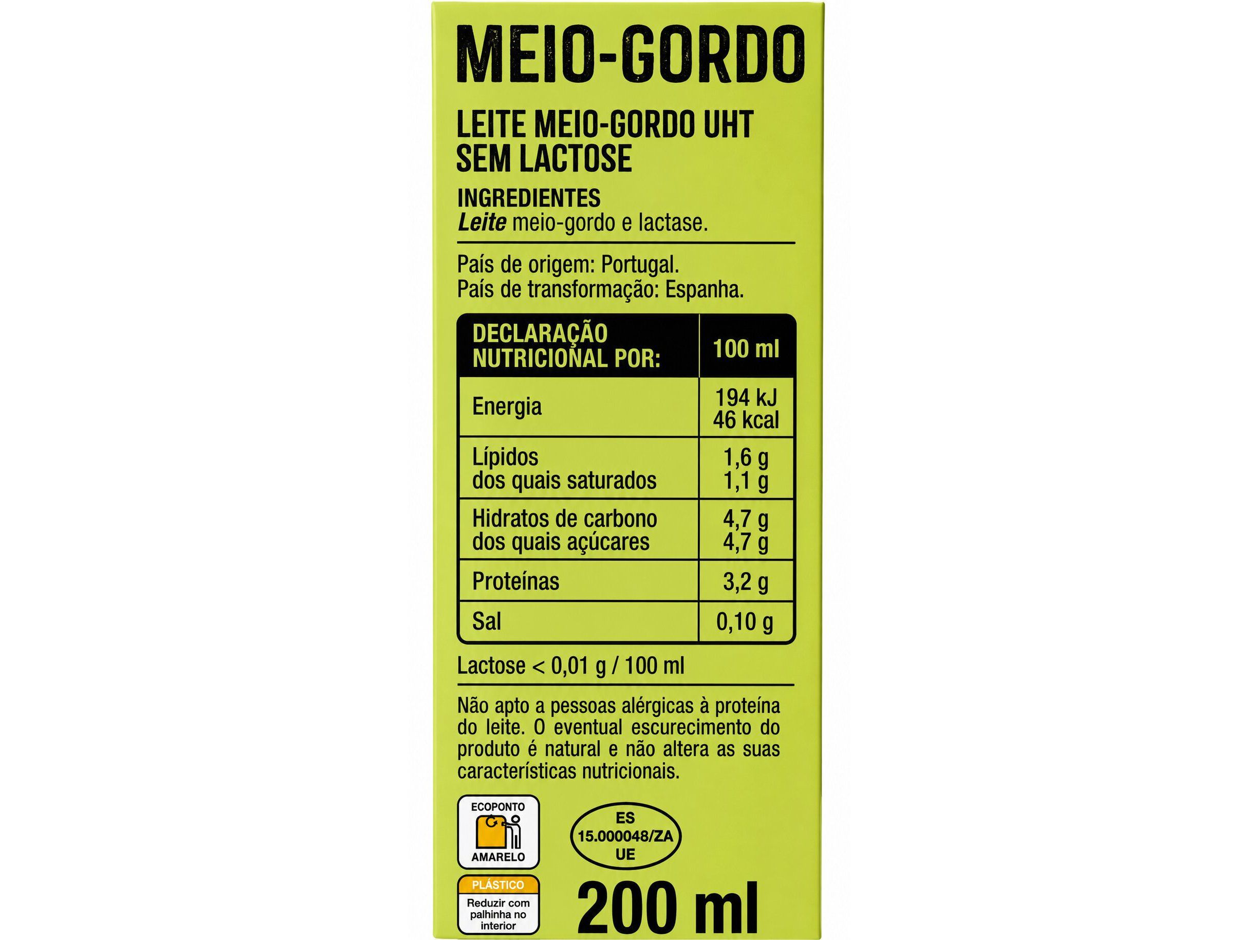 LEITE SEM LACTOSE AUCHAN MEIO GORDO 200ML image number 1