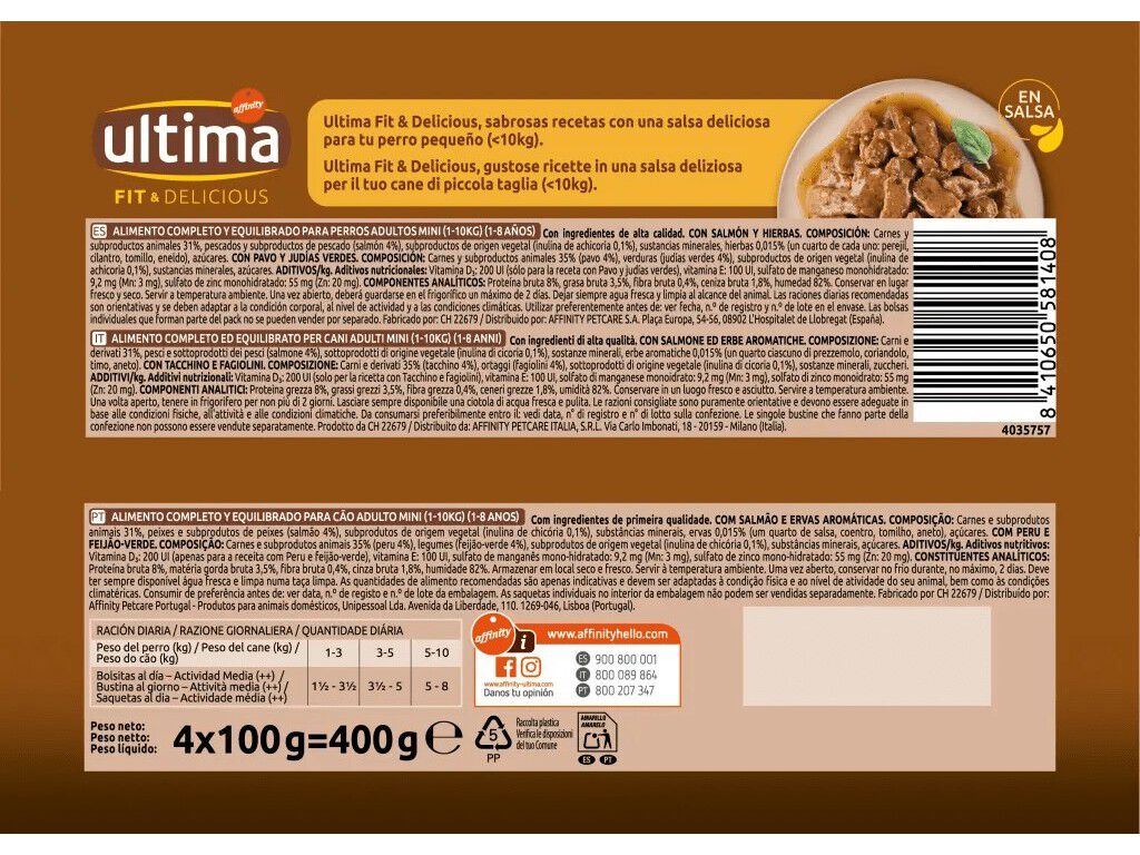 COMIDA H&Uacute;MIDA PARA C&Atilde;O MINI ULTIMA FIT&DEL SALM&Atilde;O/PERU 4X100G image number 1