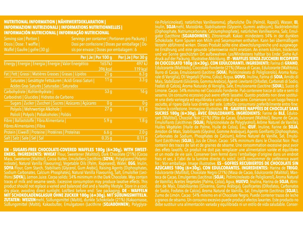 WAFFLES PROZIS SEM A&Ccedil;&Uacute;CARES COBERTURA CHOCOLATE 180G (6X30G) image number 1