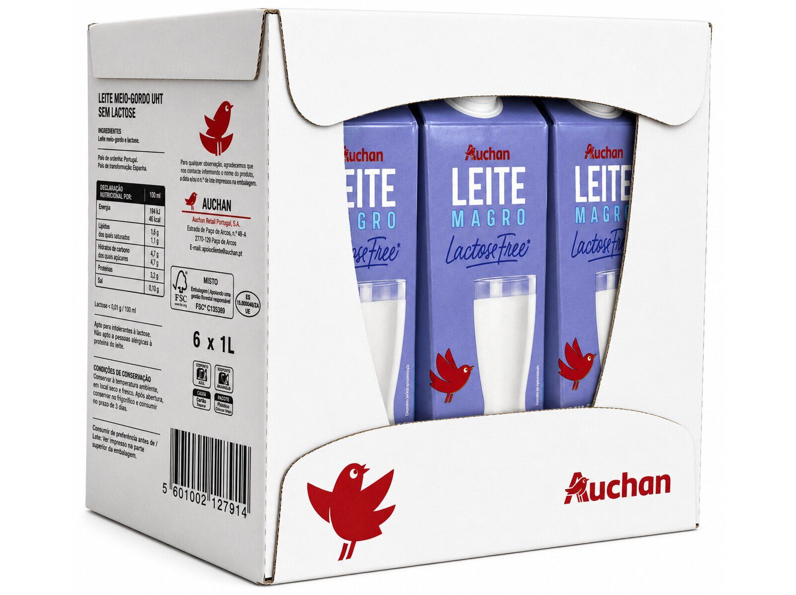 LEITE UHT SEM LACTOSE AUCHAN MAGRO 6X1L