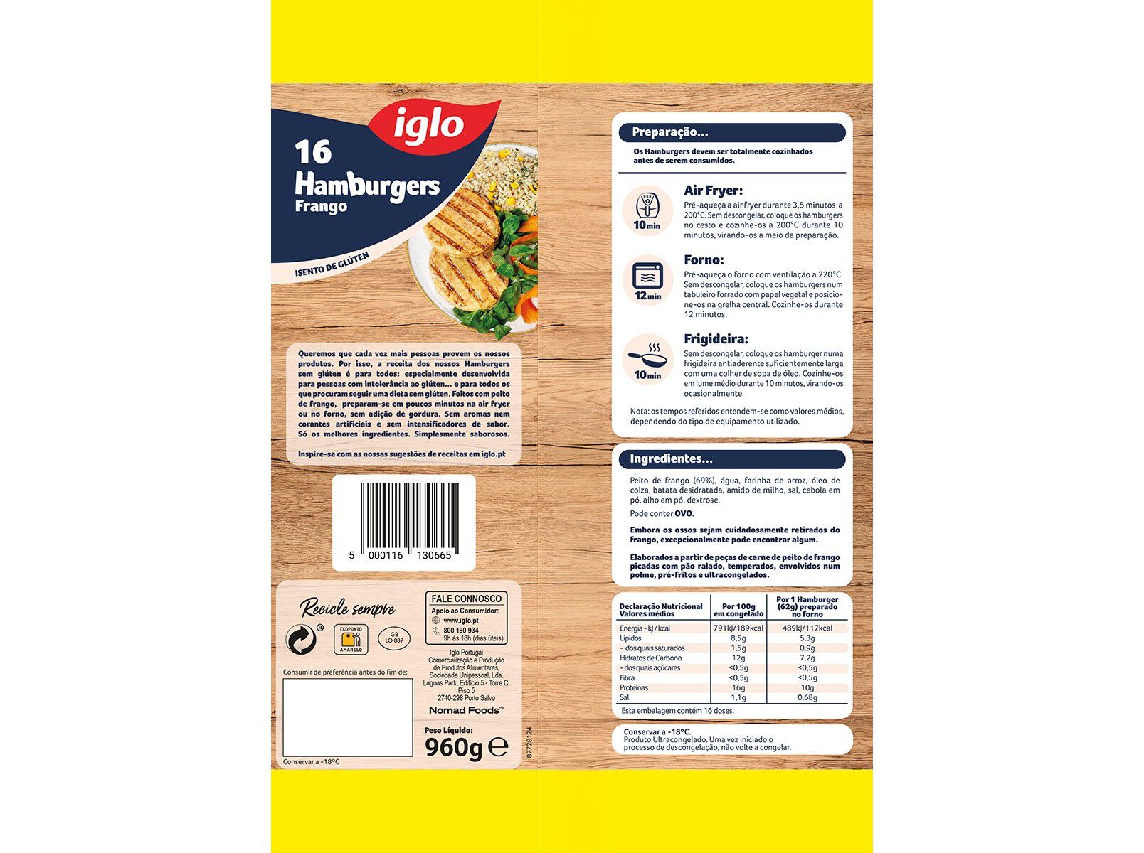 HAMBURGUERES IGLO FRANGO SEM GL&Uacute;TEN 16UN 960G image number 1