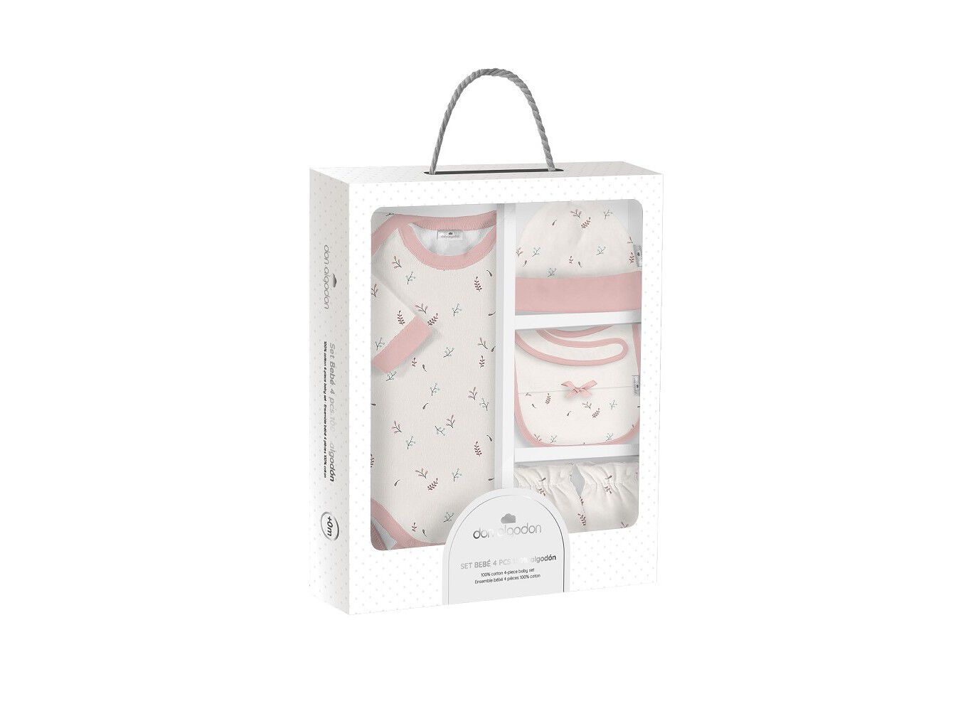 CONJUNTO DE 4 PE&Ccedil;AS DON ALGODON BODIE+GORRO+BABETE+LUVAS ROSA 0+MESES