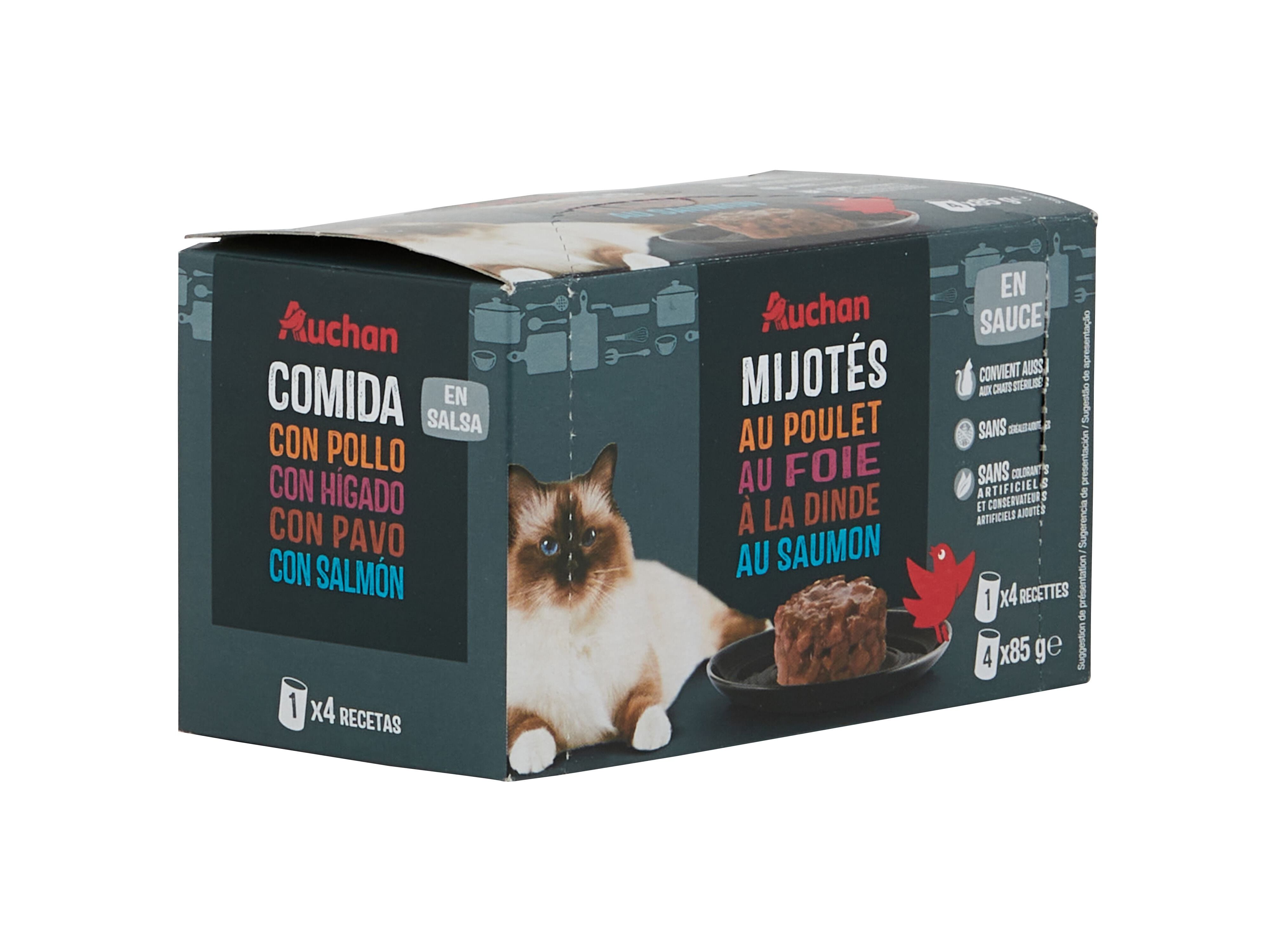 COMIDA H&Uacute;MIDA PARA GATO AUCHAN PEDACINHOS EM MOLHO 4X85G image number 0