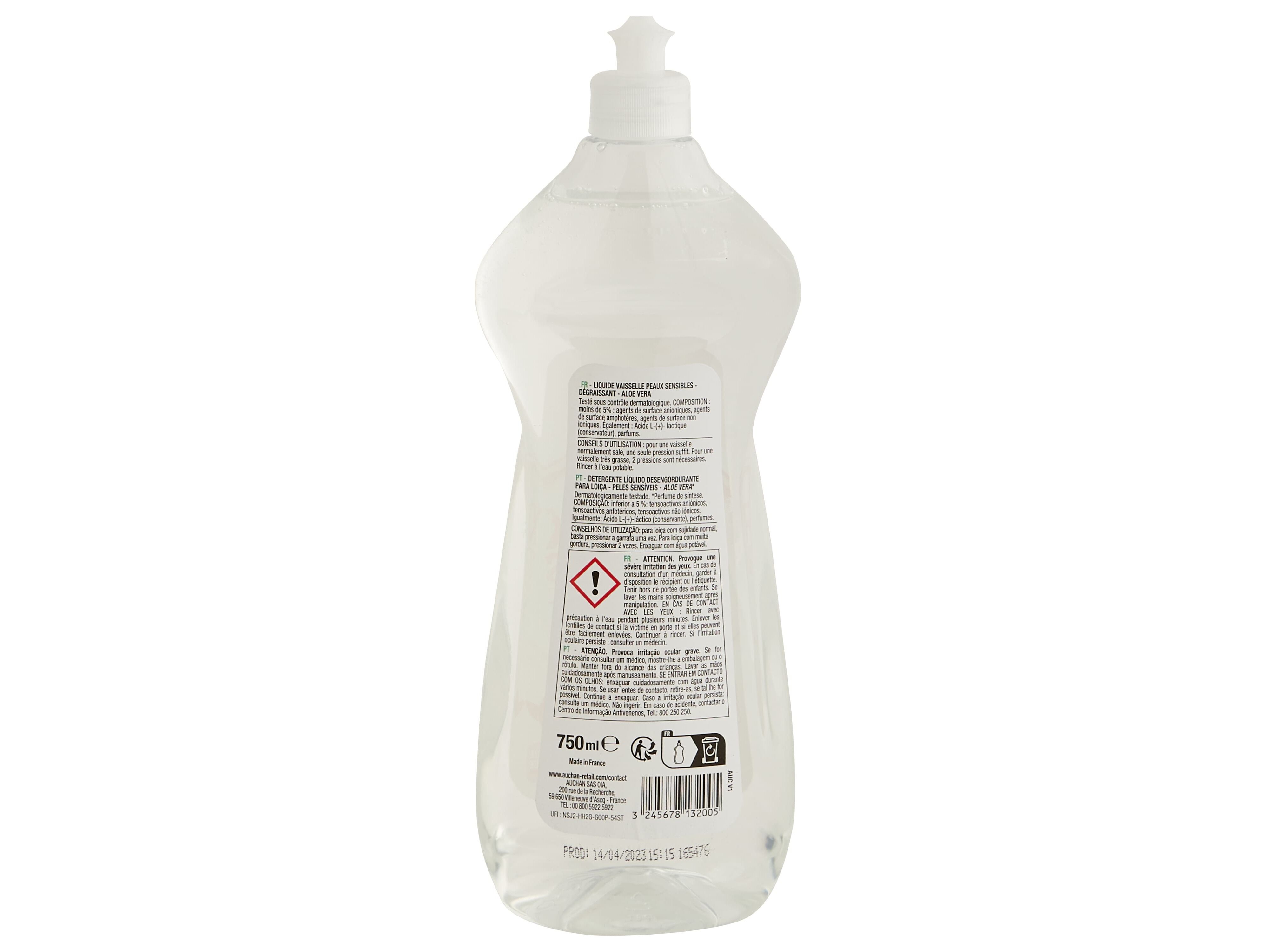 DETERGENTE LOI&Ccedil;A MANUAL AUCHAN PELES SENS&Iacute;VEIS ALOE VERA 750ML image number 2