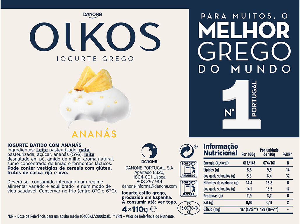 IOGURTE OIKOS GREGO COM PEDA&Ccedil;OS ANAN&Aacute;S 4X110G image number 1