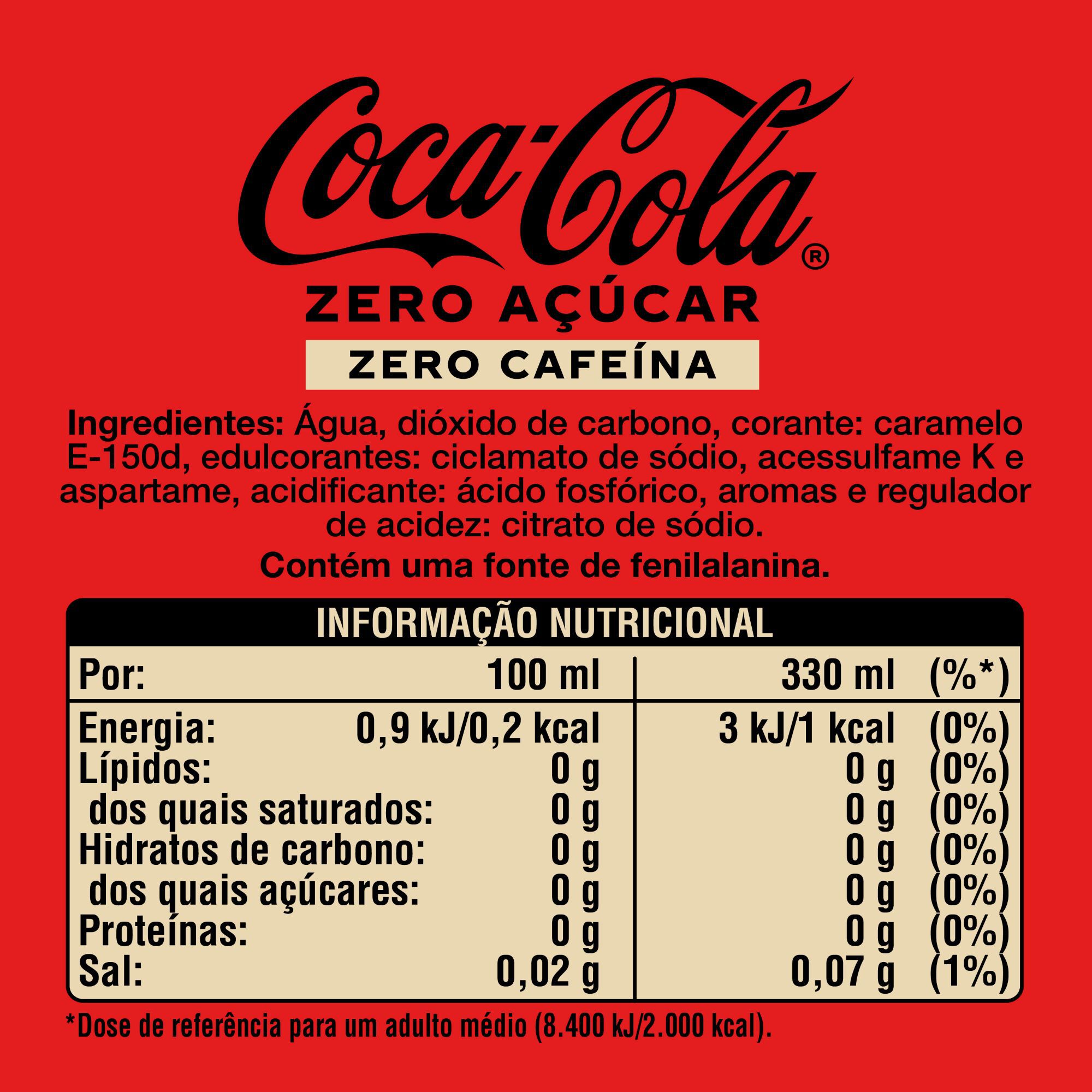 REFRIGERANTE COM G&Aacute;S COCA-COLA ZERO CAFE&Iacute;NA E ZERO A&Ccedil;&Uacute;CAR 6X0.33L image number 1