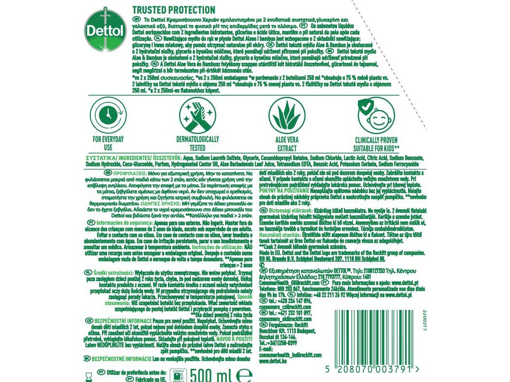 SABONETE L&Iacute;QUIDO DETTOL ALOE VERA ECO PACK 500ML image number 1