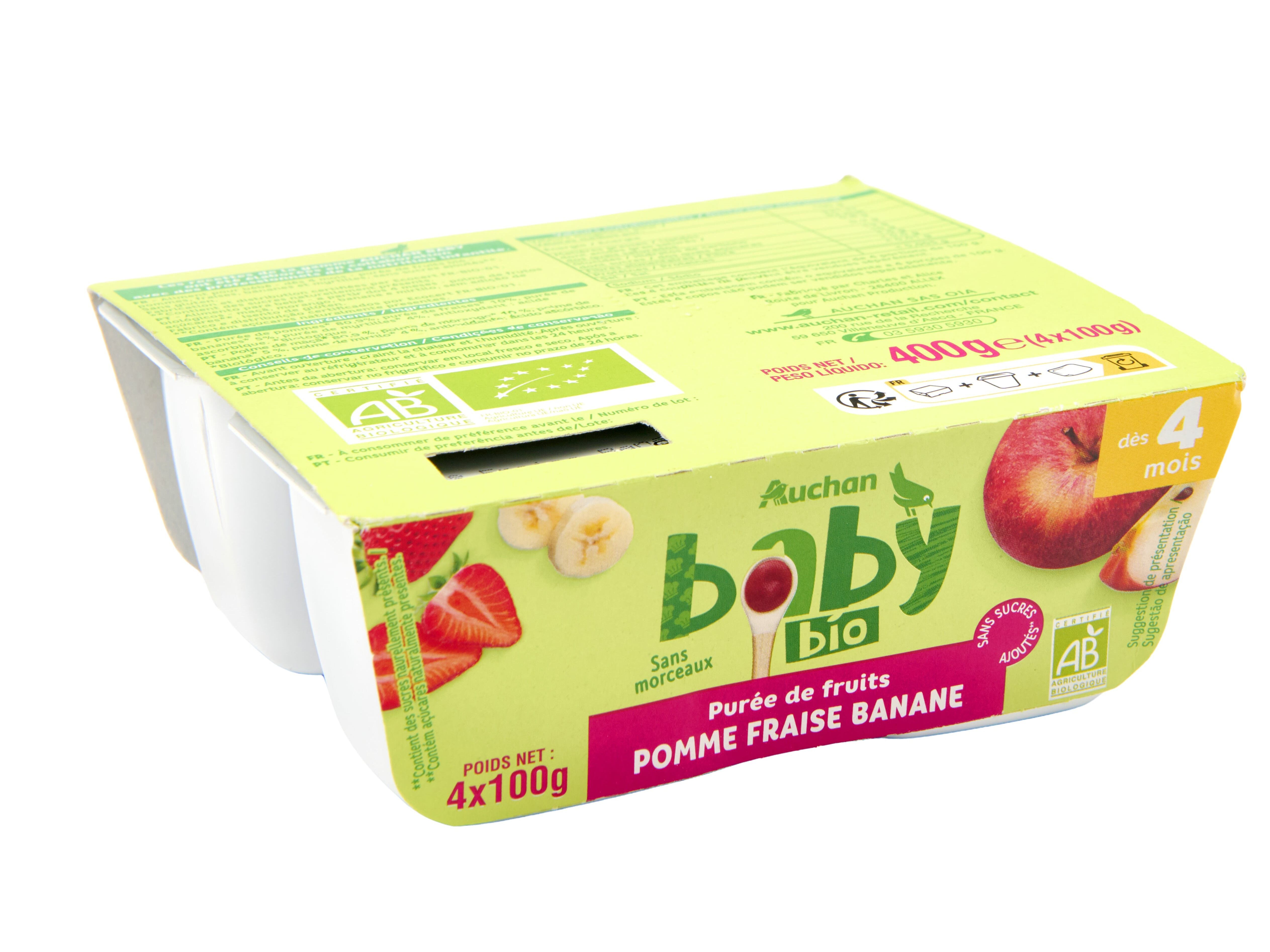 TACINHA FRUTA AUCHAN BABY BIO MA&Ccedil;&Atilde; MORANGO BANANA SEM GL&Uacute;TEN 4X100G