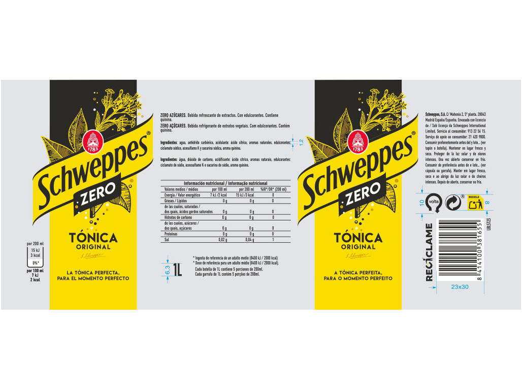 &Aacute;GUA T&Oacute;NICA SCHWEPPES ZERO 1L (SDR) image number 1