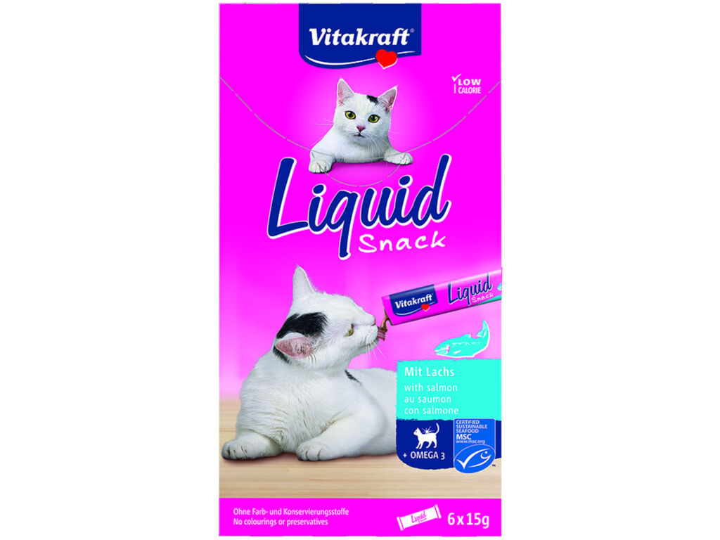 SNACKS PARA GATO L&Iacute;QUIDO VITAKRAFT COM SALM&Atilde;O E &Oacute;MEGA 3 6X15G