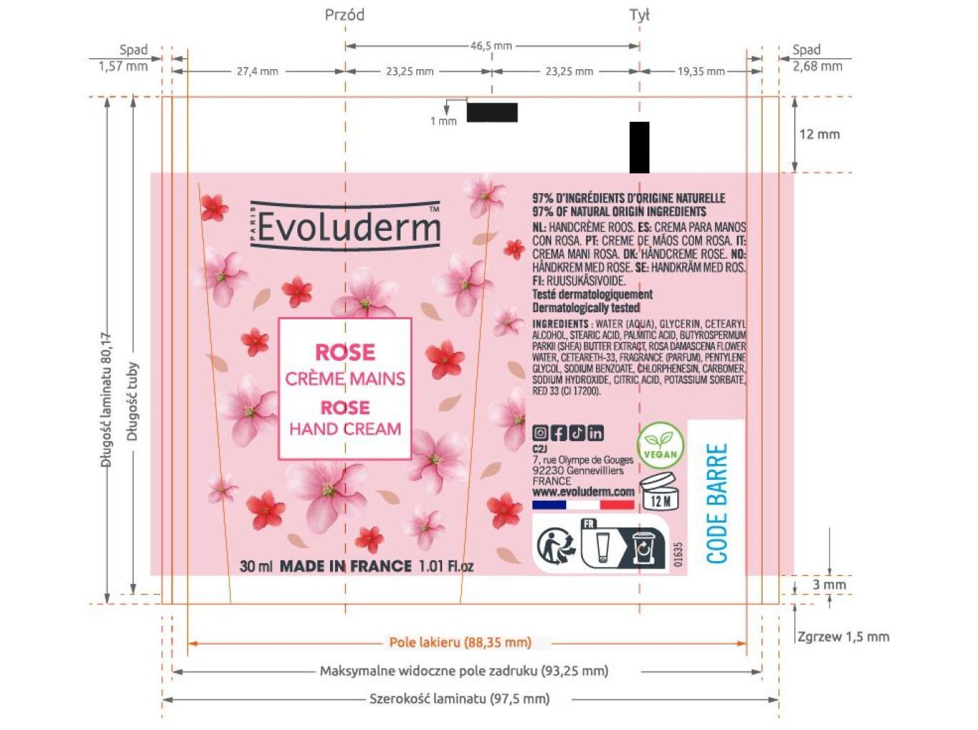 CREME DE M&Atilde;OS EVOLUDERM ROSA 30 ML image number 1