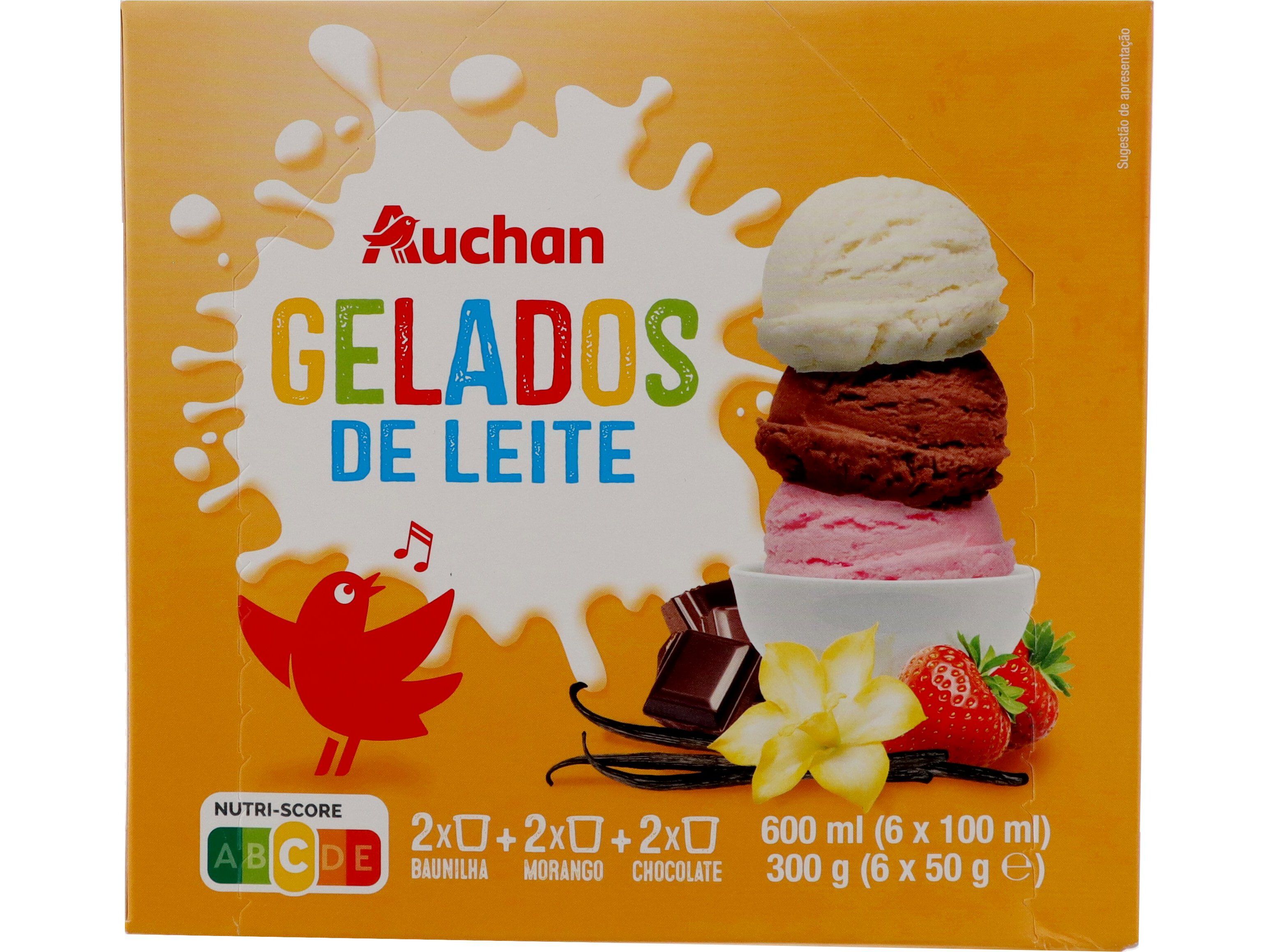 GELADOS DE LEITE AUCHAN CHOCOLATE MORANGO E BAUNILHA 6X100ML image number 0