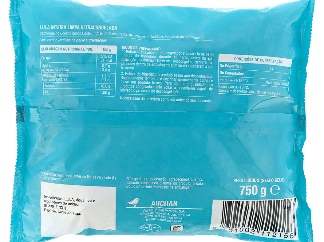 LULA AUCHAN LIMPA INTEIRA ULTRACONGELADA 750G image number 1