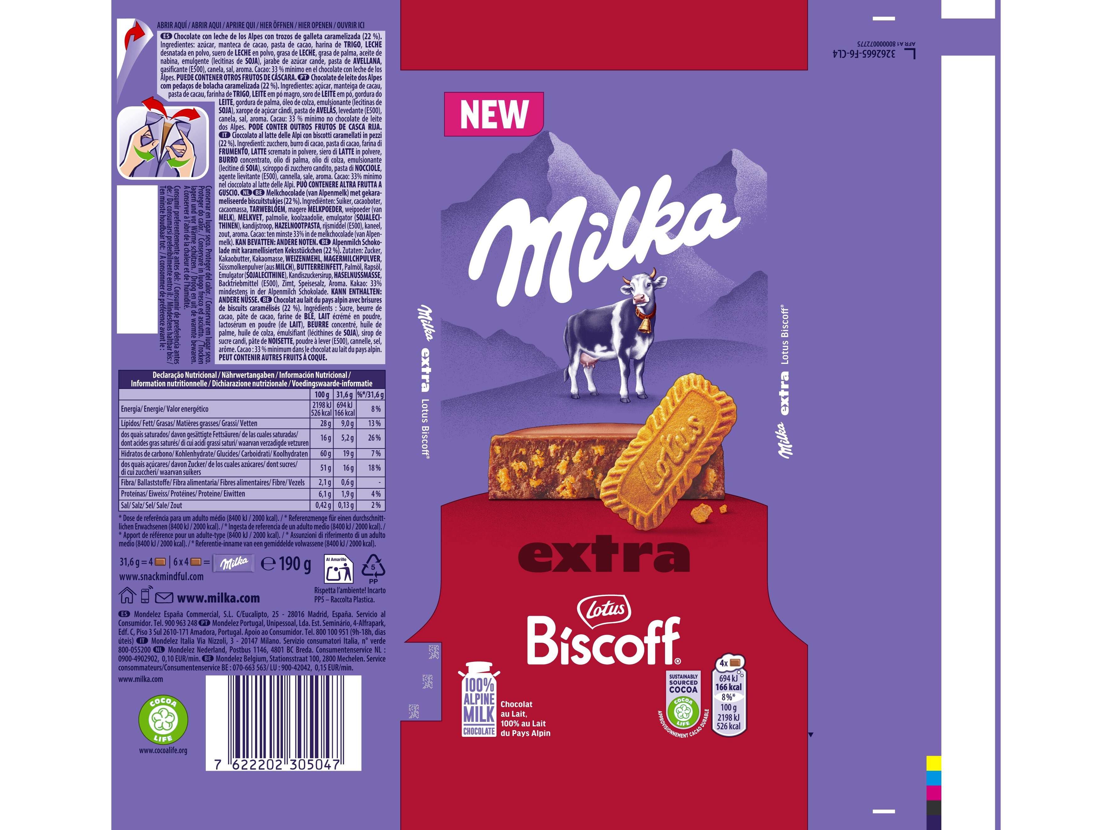 CHOCOLATE DE LEITE MILKA BISCOFF 190G image number 1