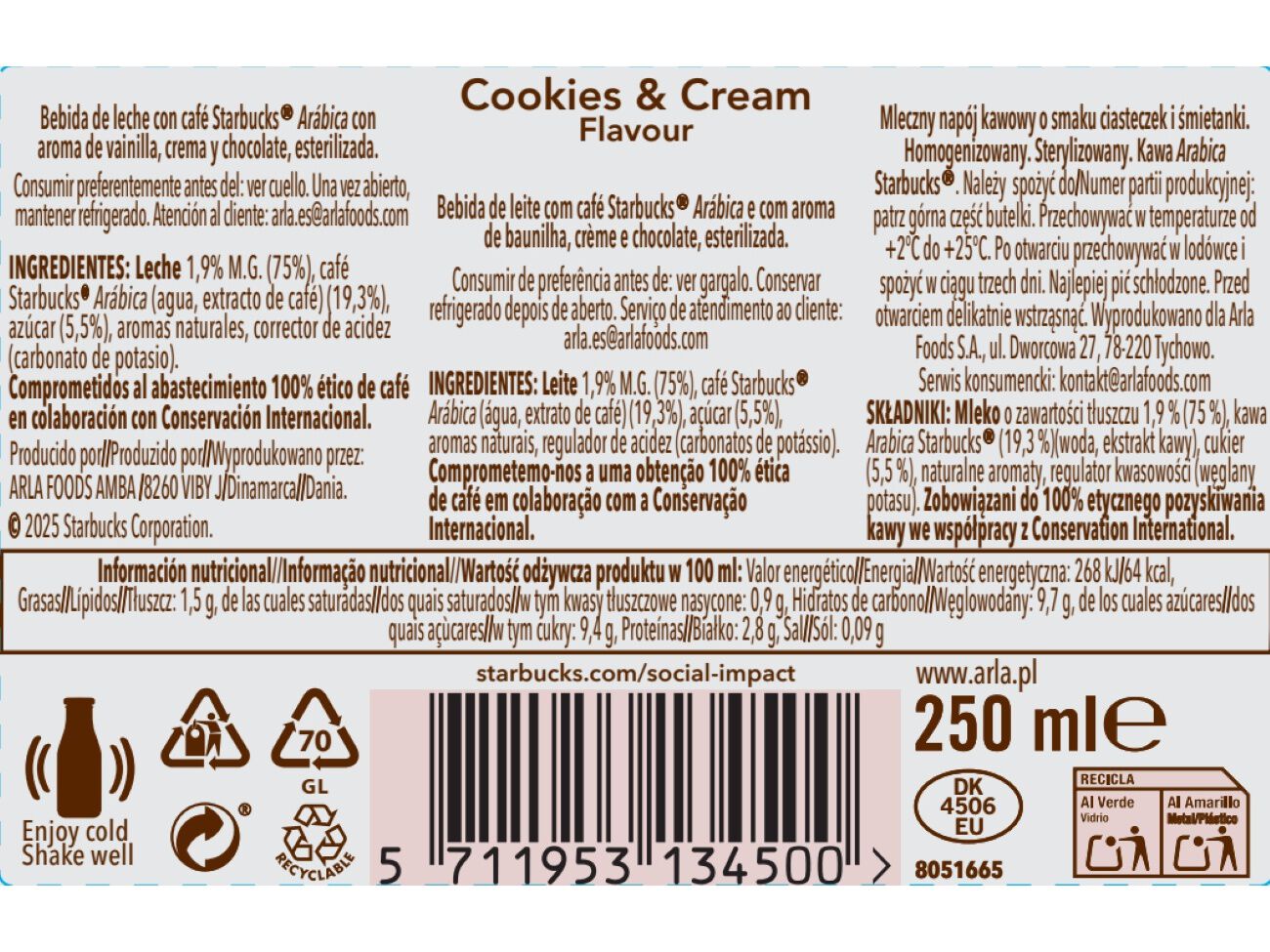 BEBIDA CAF&Eacute; STARBUCKS FRAPUCCINO COOKIES & CREAM 250ML image number 1