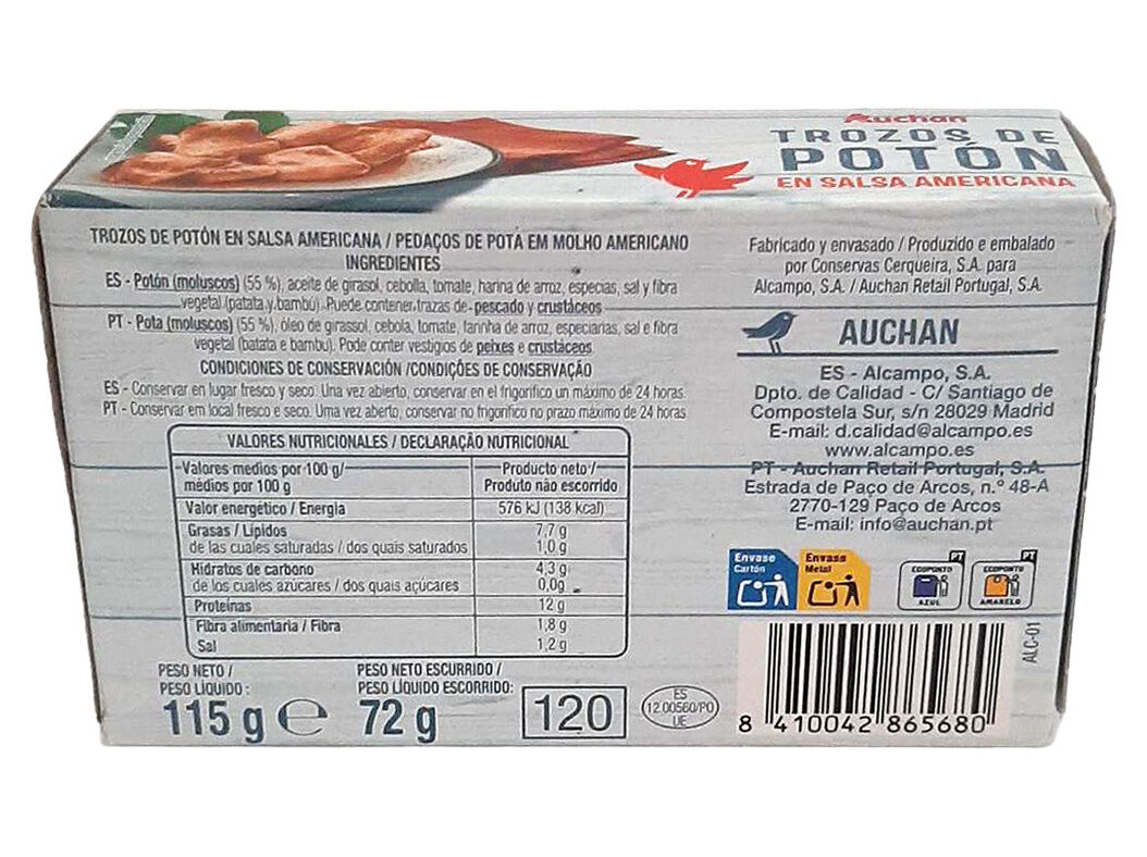 POTA PEDA&Ccedil;OS AUCHAN EM MOLHO AMERICANO 115 (72) G image number 1