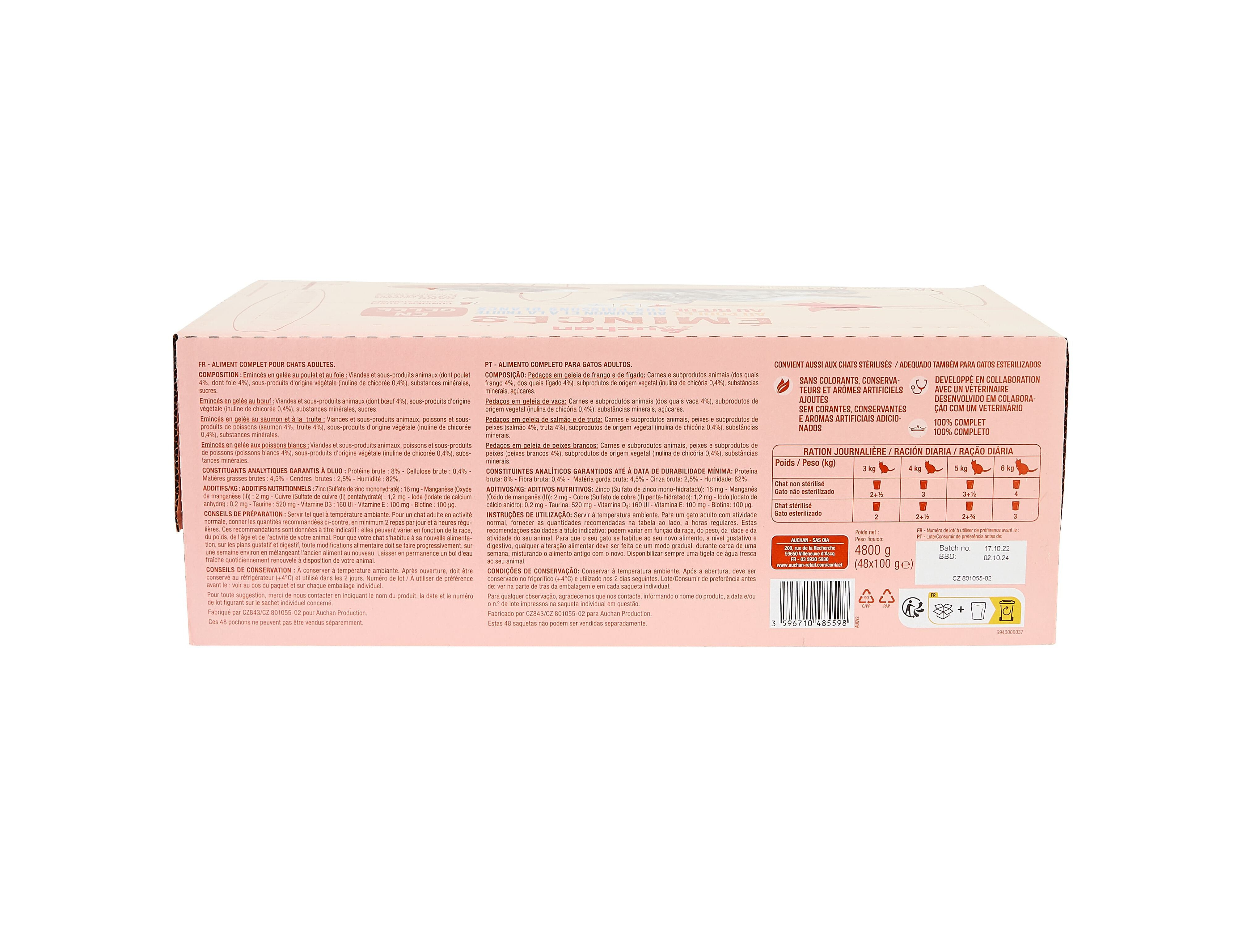 COMIDA H&Uacute;MIDA PARA GATO AUCHAN SAQUETAS PEDA&Ccedil;OS EM GELEIA MIX 48X100G image number 1