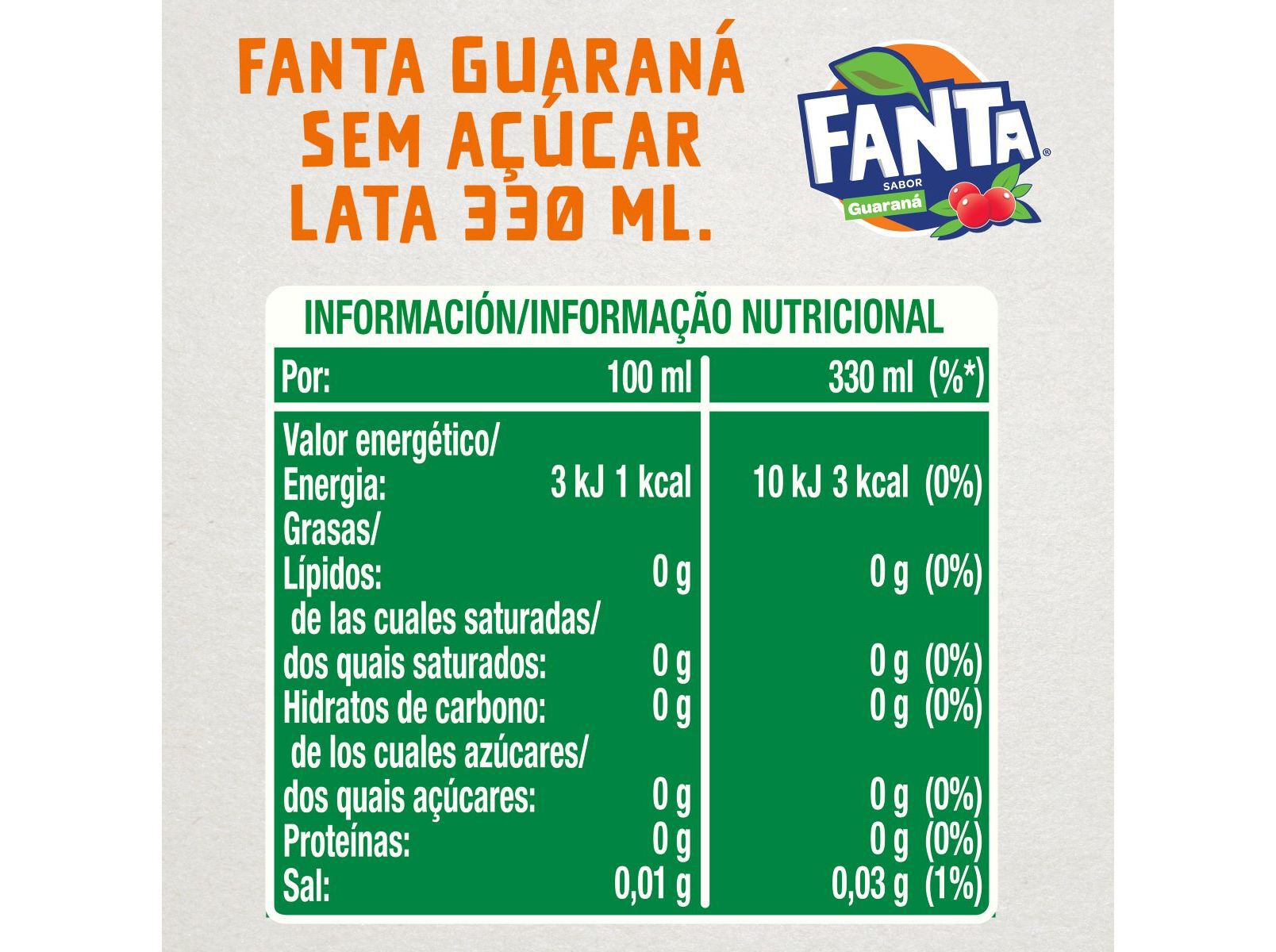REFRIGERANTE COM G&Aacute;S FANTA GUARAN&Aacute; ZERO LATA 6X0.33L image number 2