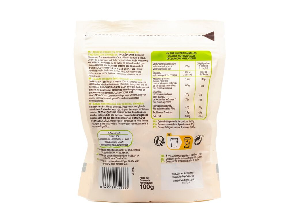 MANGA AUCHAN BIO DESIDRATADA PEDA&Ccedil;OS 100G image number 1