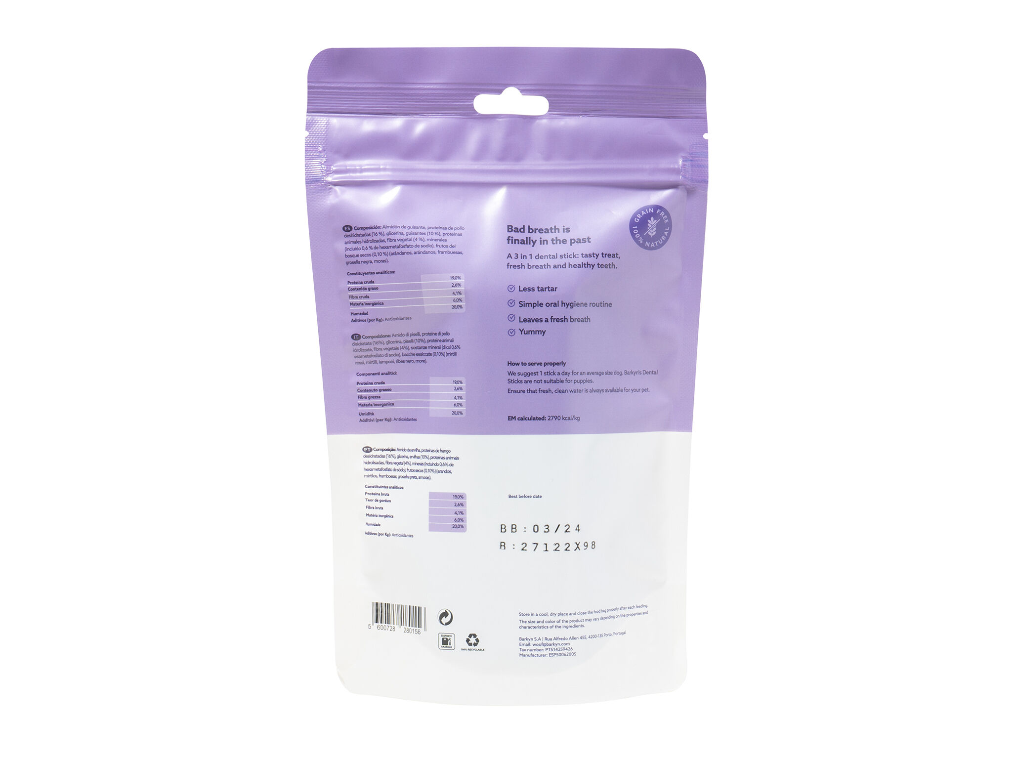 SNACKS PARA C&Atilde;O BARKYN DENTAL FRUTOS VERMELHOS RA&Ccedil;AS M&Eacute;DIAS E GRANDES 180G image number 1