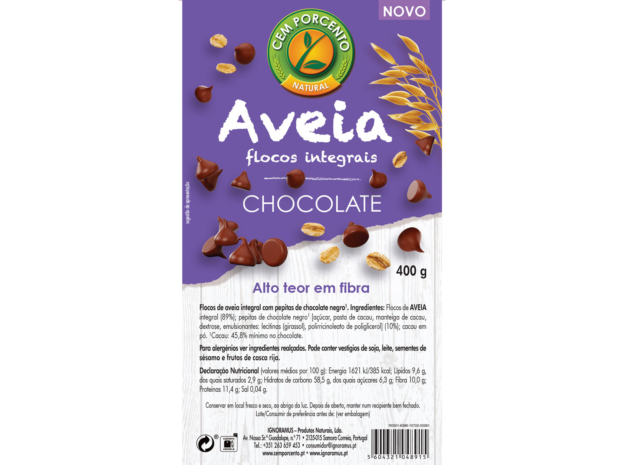 FLOCOS DE AVEIA CEM PORCENTO INTEGRAIS COM CHOCOLATE 400G image number 1