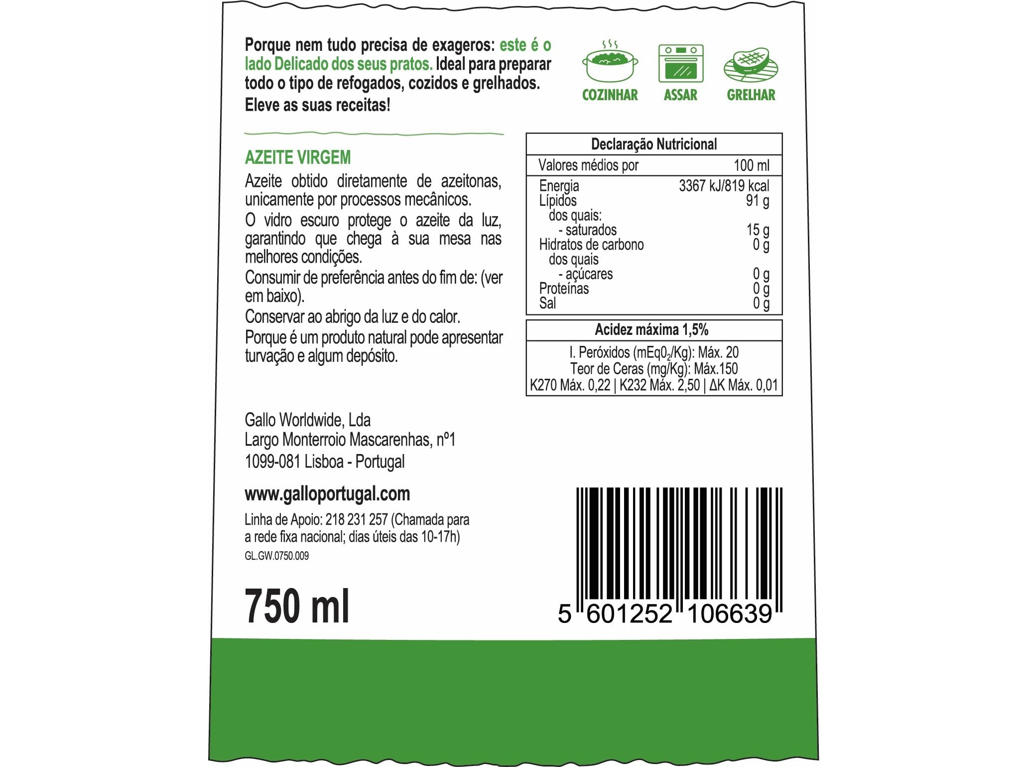 AZEITE GALLO VIRGEM DELICADO 750ML image number 1