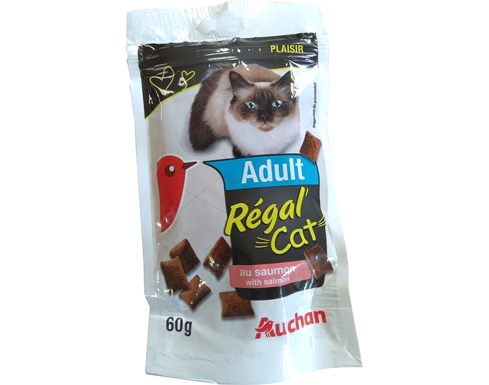 SNACKS PARA GATO AUCHAN ADULTO R&Eacute;GAL' CAT COM SALM&Atilde;O 60G
