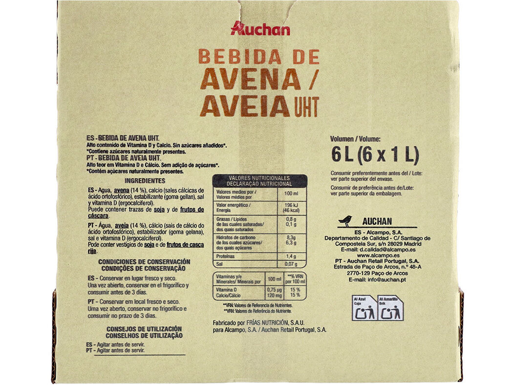 BEBIDA AVEIA AUCHAN SEM A&Ccedil;UCARES ADICIONADOS 6X1L image number 1