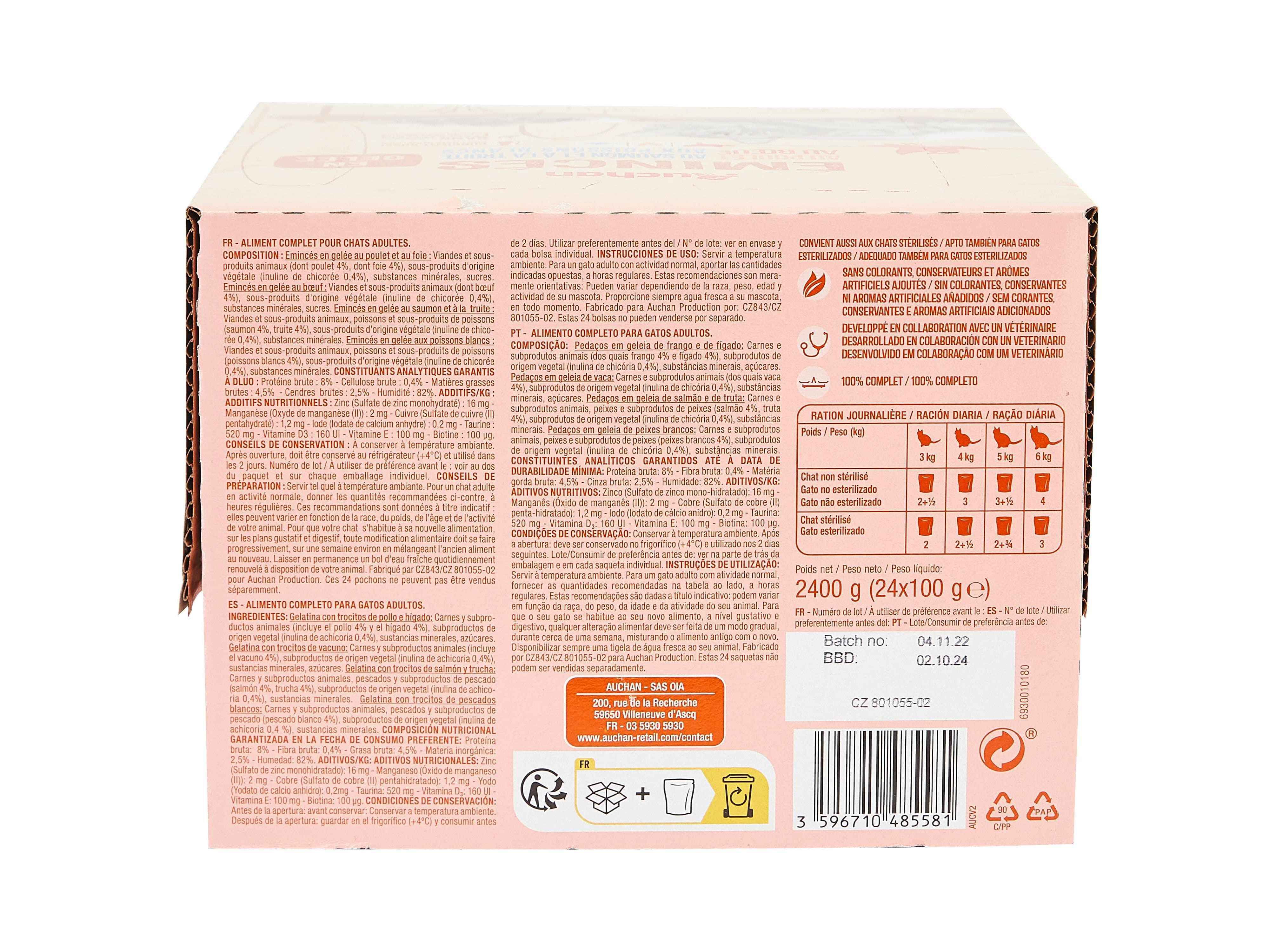 COMIDA H&Uacute;MIDA PARA GATO AUCHAN SAQUETAS PEDA&Ccedil;OS EM GELEIA MIX 24X100G image number 1
