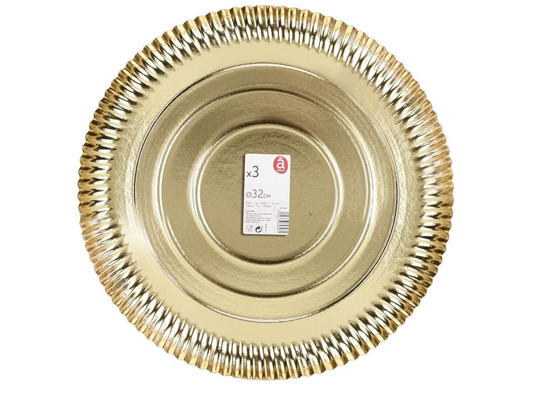 PRATO MARCADOR CART&Atilde;O ACTUEL DOURADO 32CM PACK 3 UNIDADES