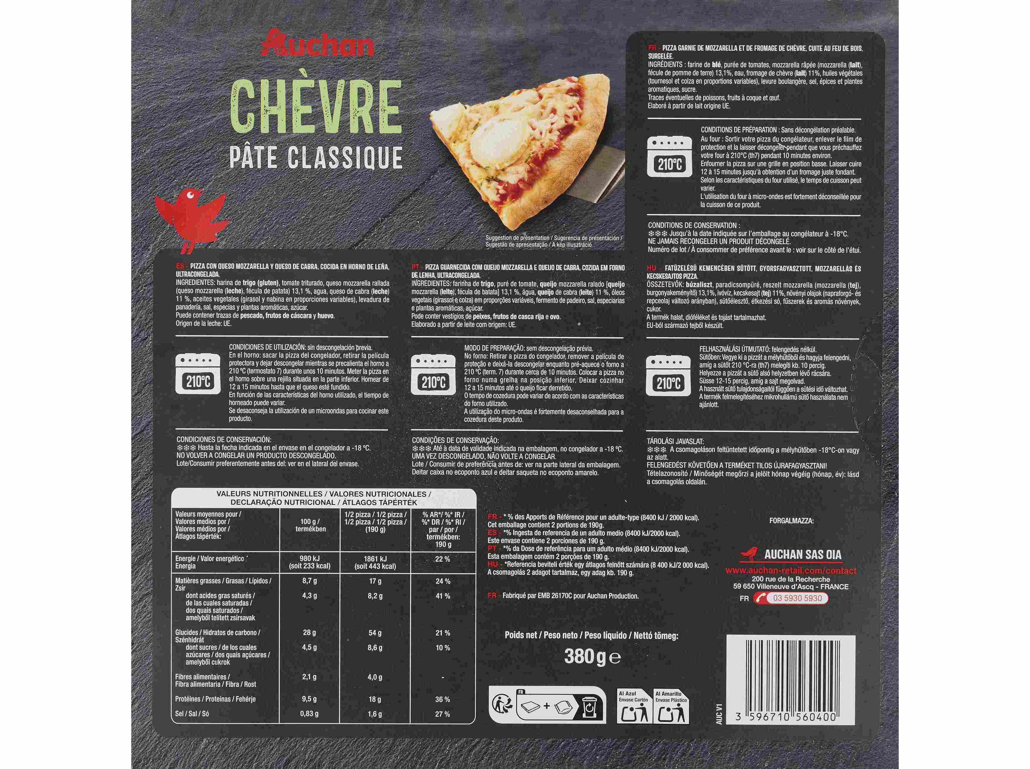 PIZZA MASSA CL&Aacute;SSICA AUCHAN QUEIJO CABRA 380G image number 1