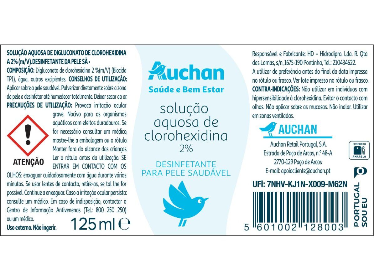 SPRAY SOLU&Ccedil;&Atilde;O AUCHAN SA&Uacute;DE E BEM ESTAR AQUOSA CLOROHEXIDINA 2% 125ML image number 1