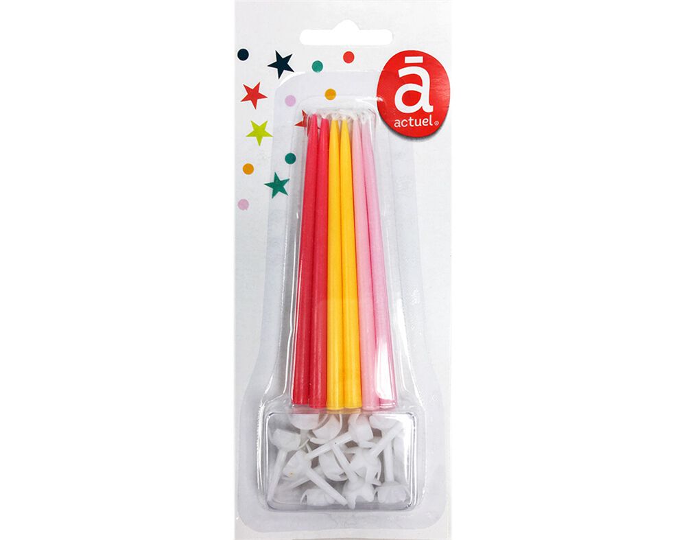 VELAS FINAS DE ANIVERS&Aacute;RIO ACTUEL VERMELHO. AMARELO E ROSA PACK 12 UNIDADES