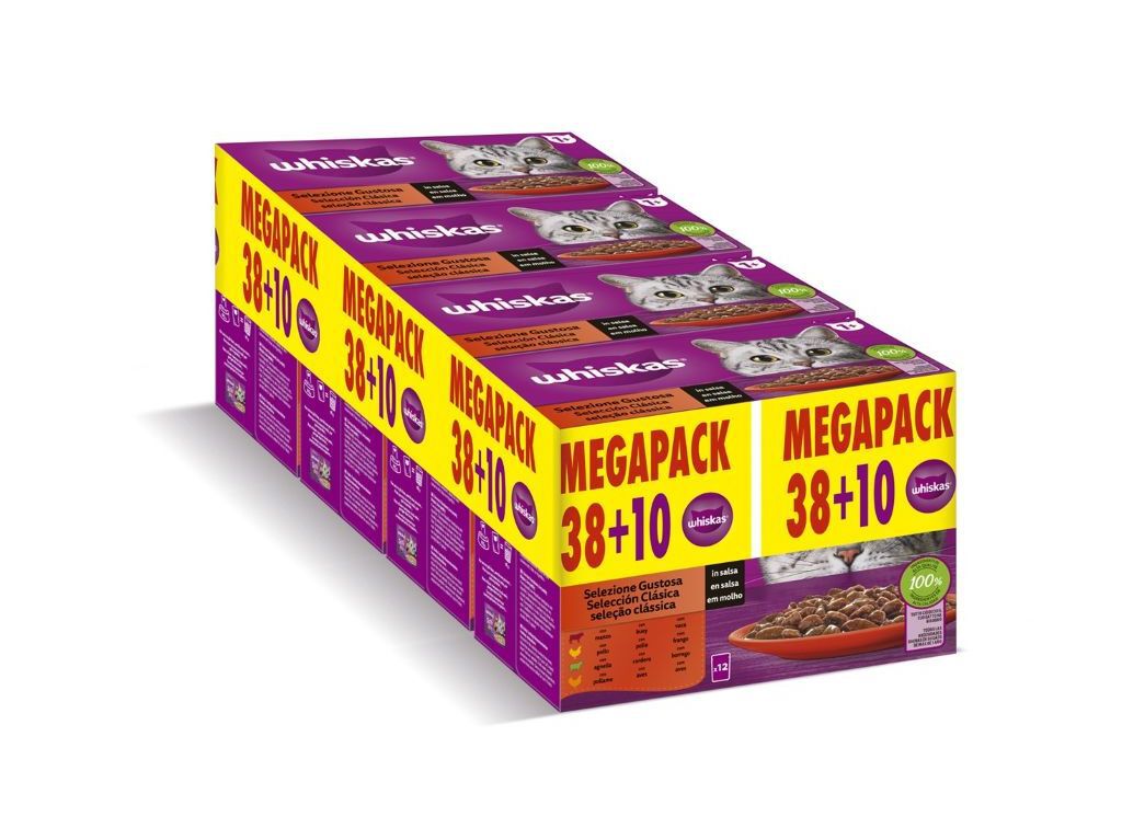 COMIDA H&Uacute;MIDA GATO WHISKAS CARNE 38 +10 UNIDADES