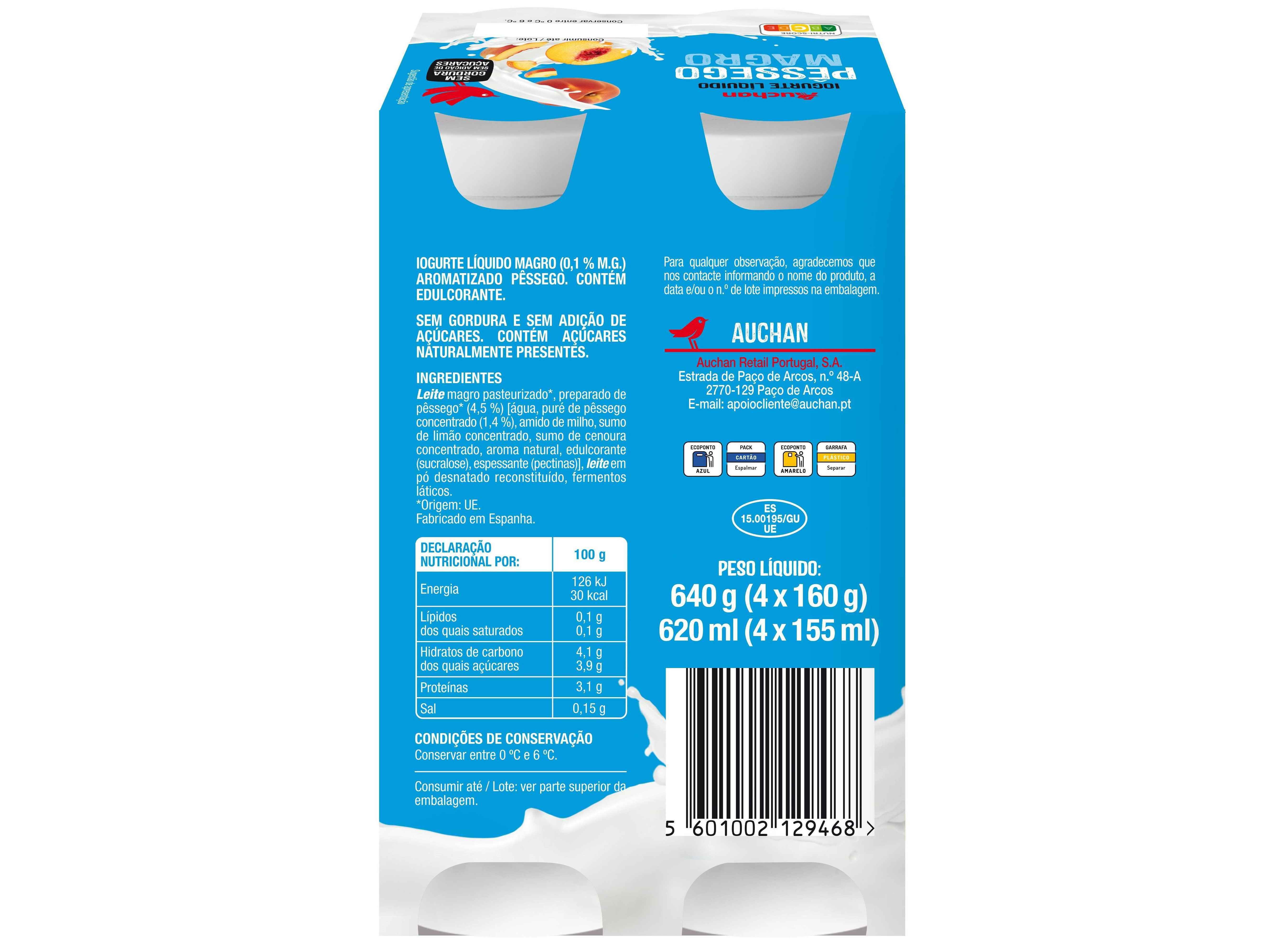 IOGURTE L&Iacute;QUIDO MAGRO AUCHAN P&Ecirc;SSEGO 4X160G image number 1
