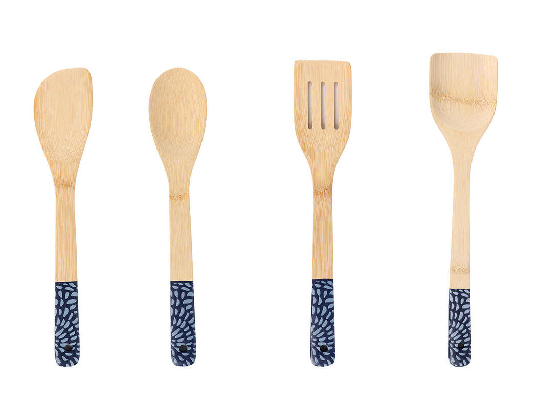 CONJUNTO DE 4 UTENS&Iacute;LIOS DE COZINHA ACTUEL EM MADEIRA COM CABO AZUL