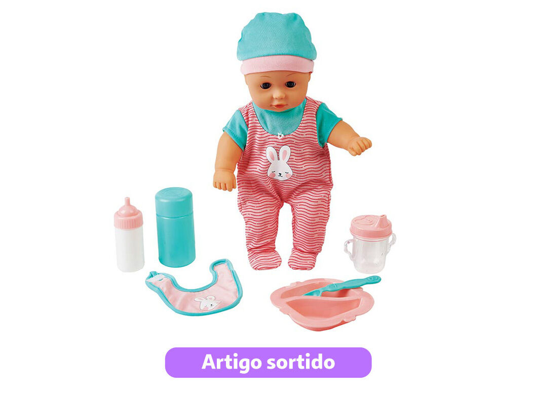 BONECO BEB&Eacute; COM ACESS&Oacute;RIOS DE ALIMENTA&Ccedil;&Atilde;O ONE TWO FUN 30CM MODELOS SORTIDOS image number 1