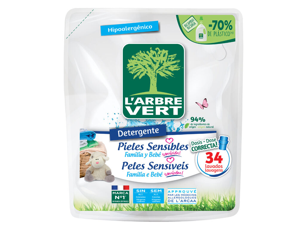 DETERGENTE ROUPA M&Aacute;QUINA LIQUIDO L'ARBRE VERT RECARGA PELES SENSIVEIS 34DOSES