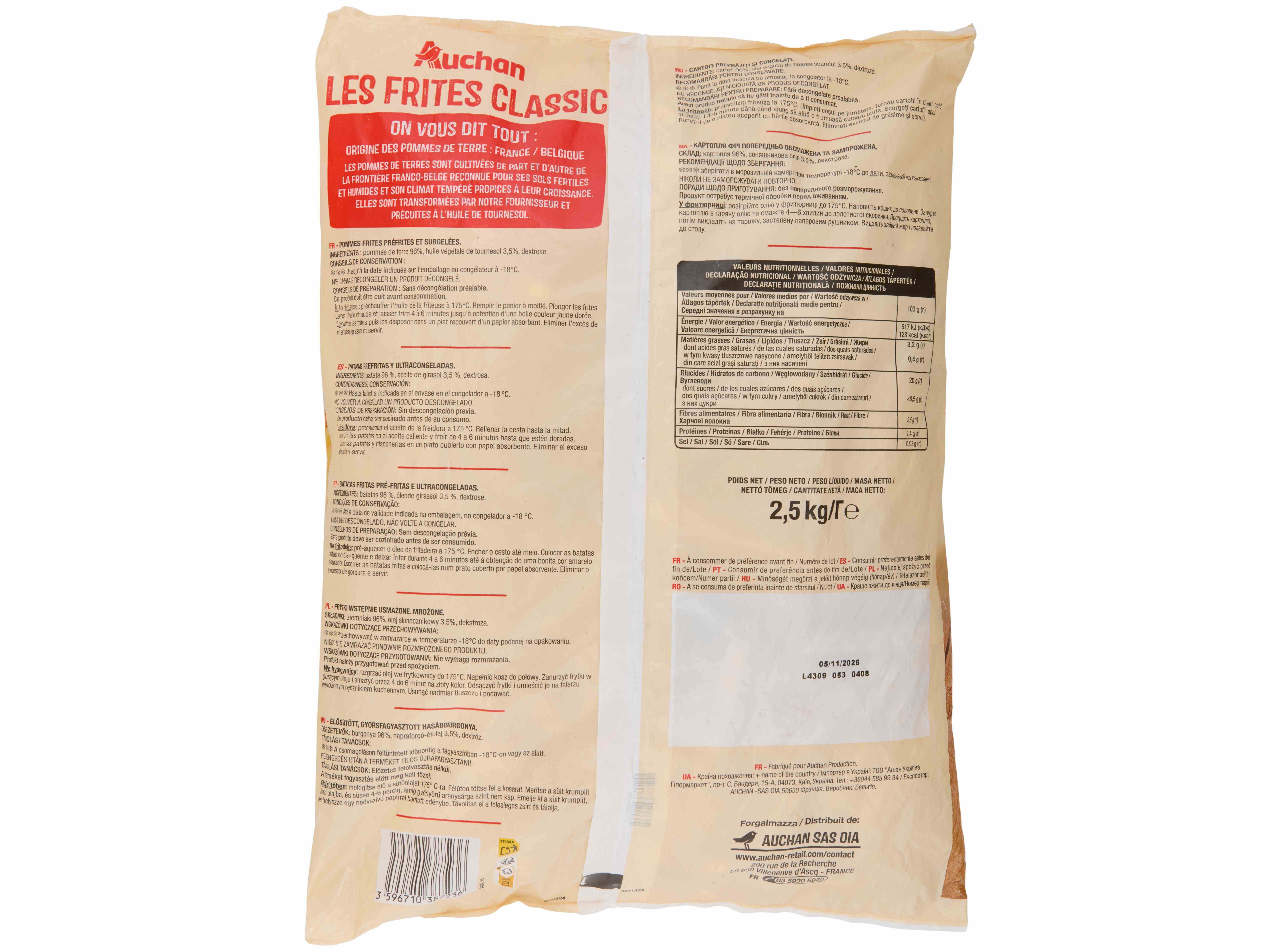 BATATA AUCHAN PR&Eacute;-FRITAS CLASSIC PARA FRITAR 2.5KG image number 1