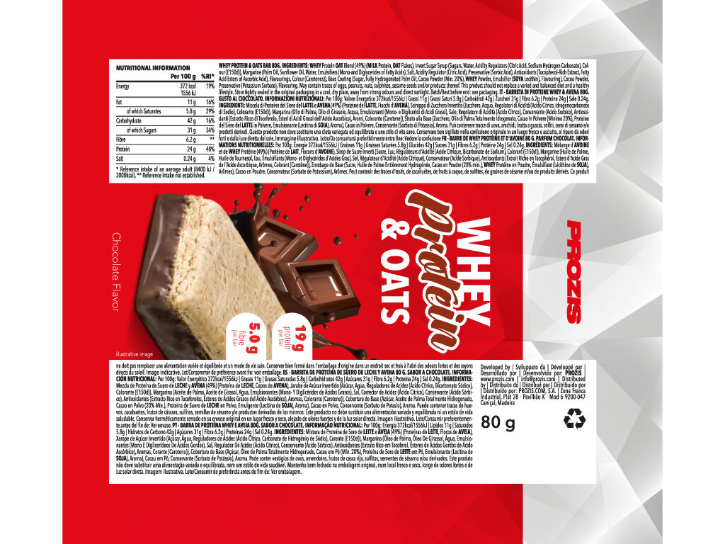 BARRA PROZIS WHEY PROTEIN & OATS CHOCOLATE 80G image number 2
