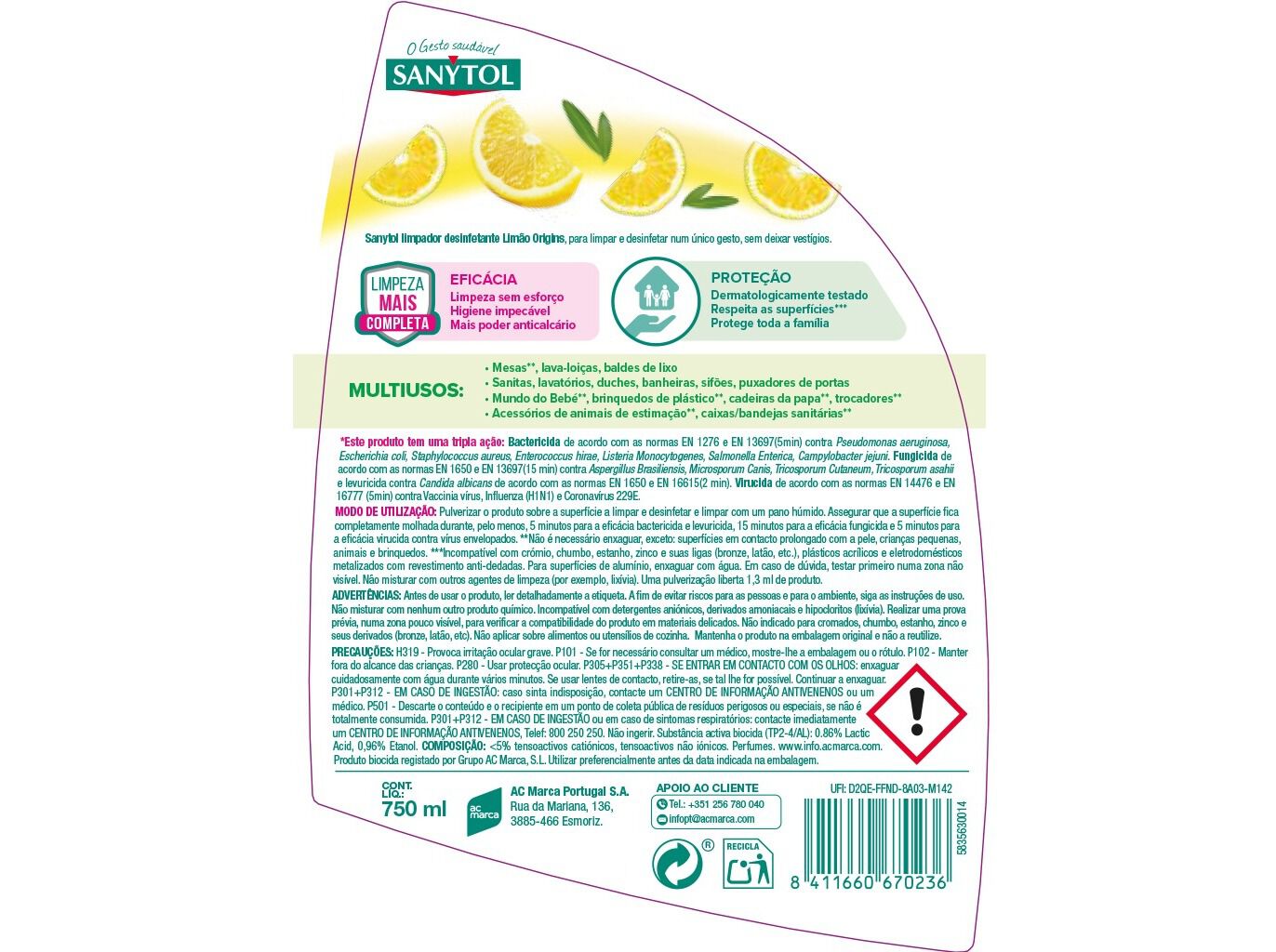 LIMPEZA MULTI. SANYTOL SPRAY DESINFETANTE LIM&Atilde;O 750ML image number 1