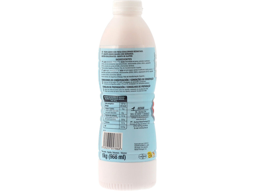 IOGURTE AUCHAN L&Iacute;QUIDO MAGRO MORANGO SEM GL&Uacute;TEN 1KG image number 1