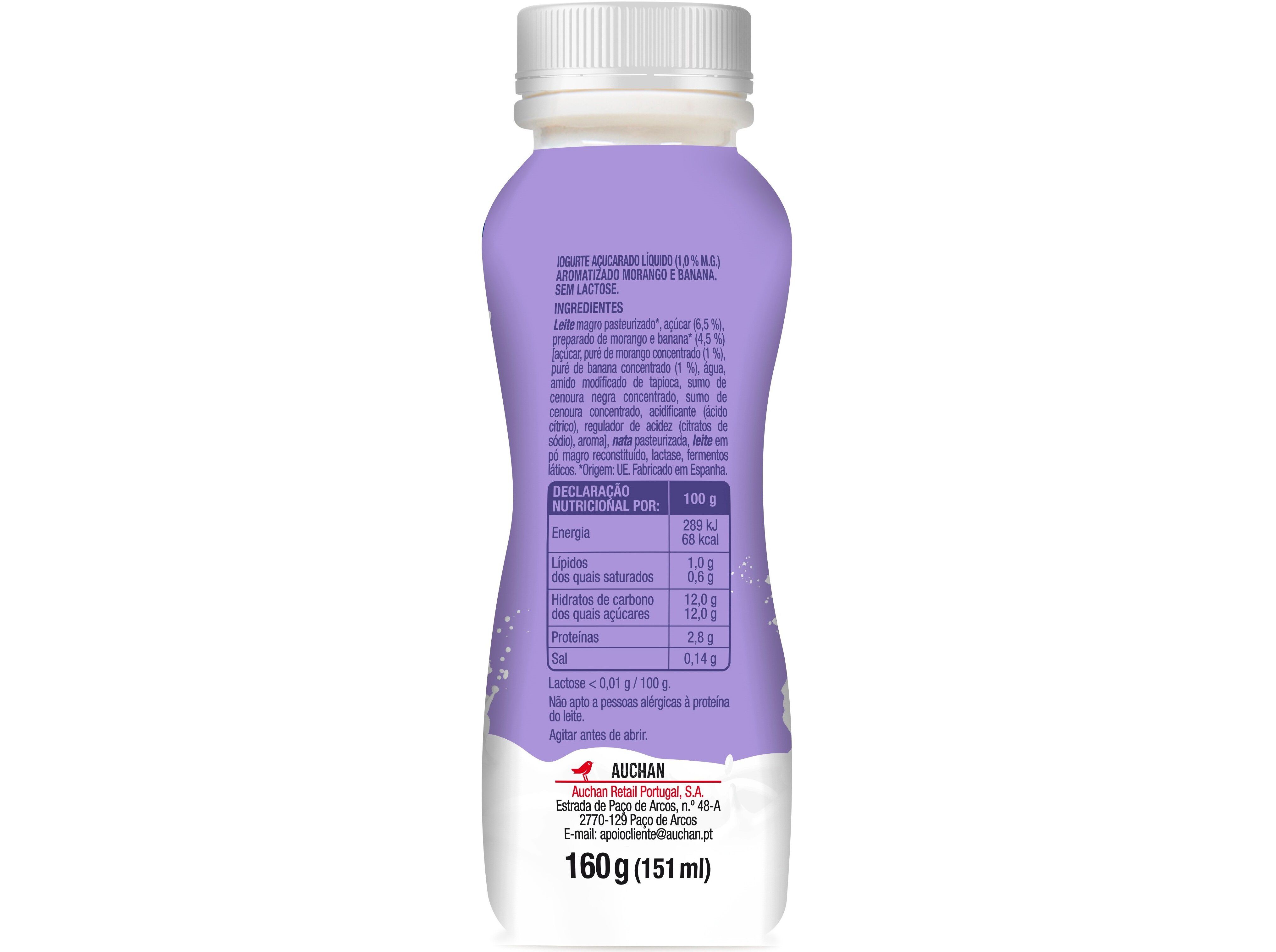 IOGURTE L&Iacute;QUIDO AUCHAN SEM LACTOSE MORANGO E BANANA 160G image number 1