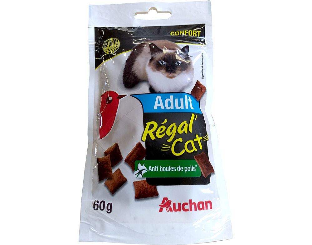 SNACKS PARA GATO AUCHAN ADULTO R&Eacute;GAL' CAT BOLA P&Ecirc;LO 60G