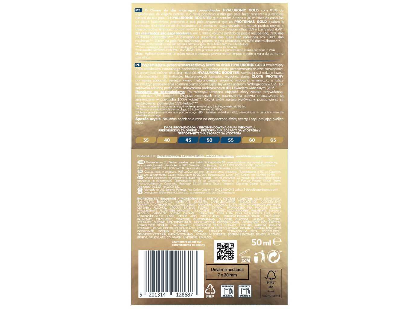 CREME BIOTEN DIA ANTI-RUGAS HYALURONIC GOLD 50ML image number 1