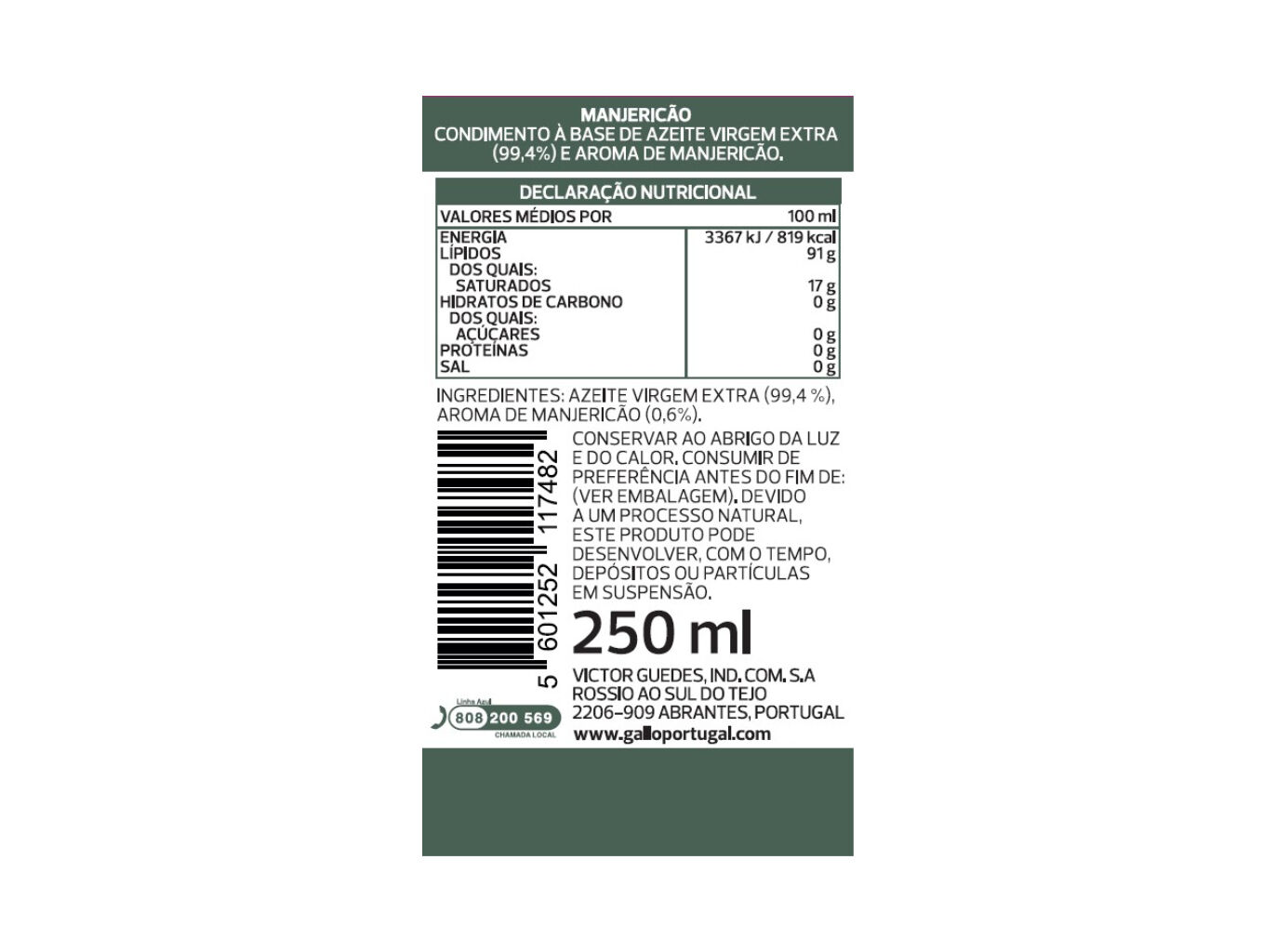 CONDIMENTO AZEITE GALLO VIRGEM EXTRA MANJERIC&Atilde;O 250 ML image number 1