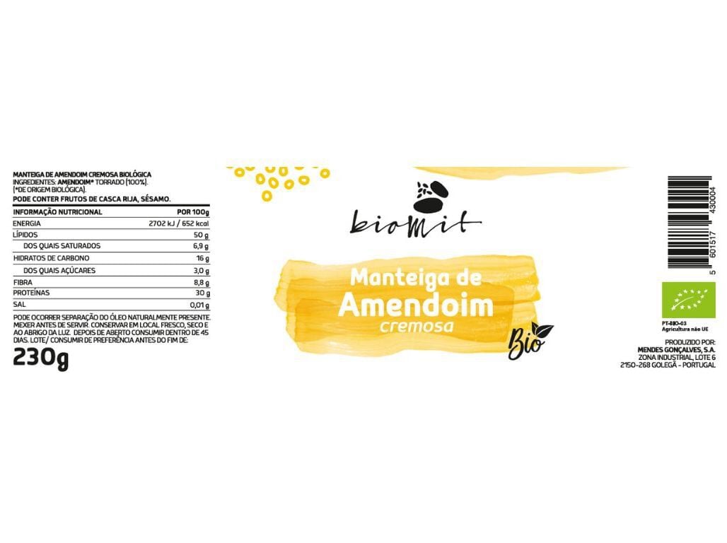 MANTEIGA AMENDOIM BIO BIOMIT CREMOSA 230G image number 1