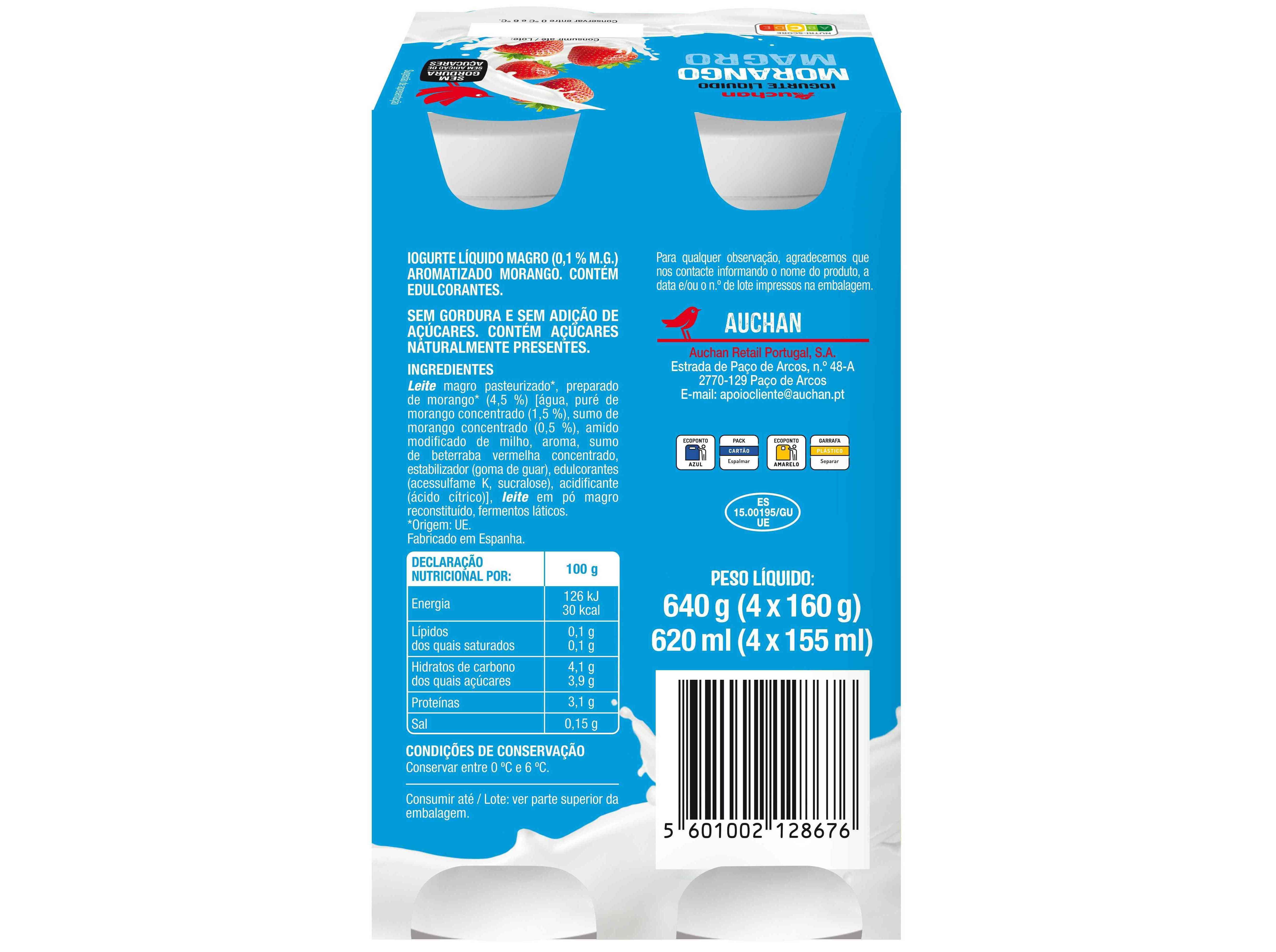 IOGURTE L&Iacute;QUIDO MAGRO AUCHAN MORANGO 4X160G image number 1